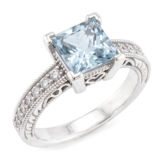 Princess Cut Aquamarine With Round Natural Earth Mined Diamond ( Not Lab Grown )s 16 Ct Ring White Gold