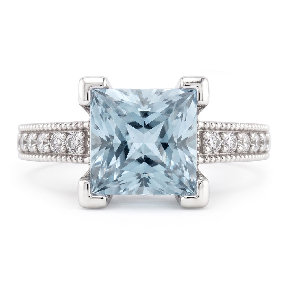 Princess Cut Aquamarine With Round Natural Earth Mined Diamond ( Not Lab Grown )s 16 Ct Ring White Gold