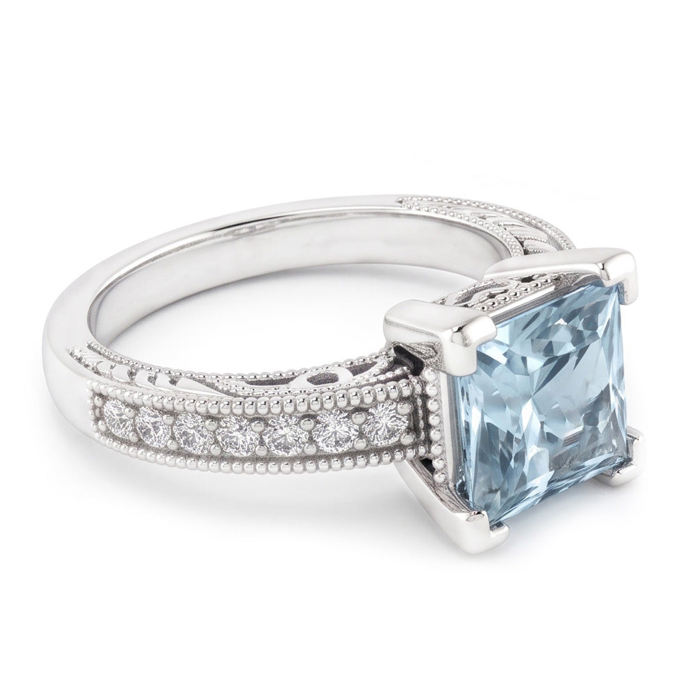 Princess Cut Aquamarine With Round Natural Earth Mined Diamond ( Not Lab Grown )s 16 Ct Ring White Gold