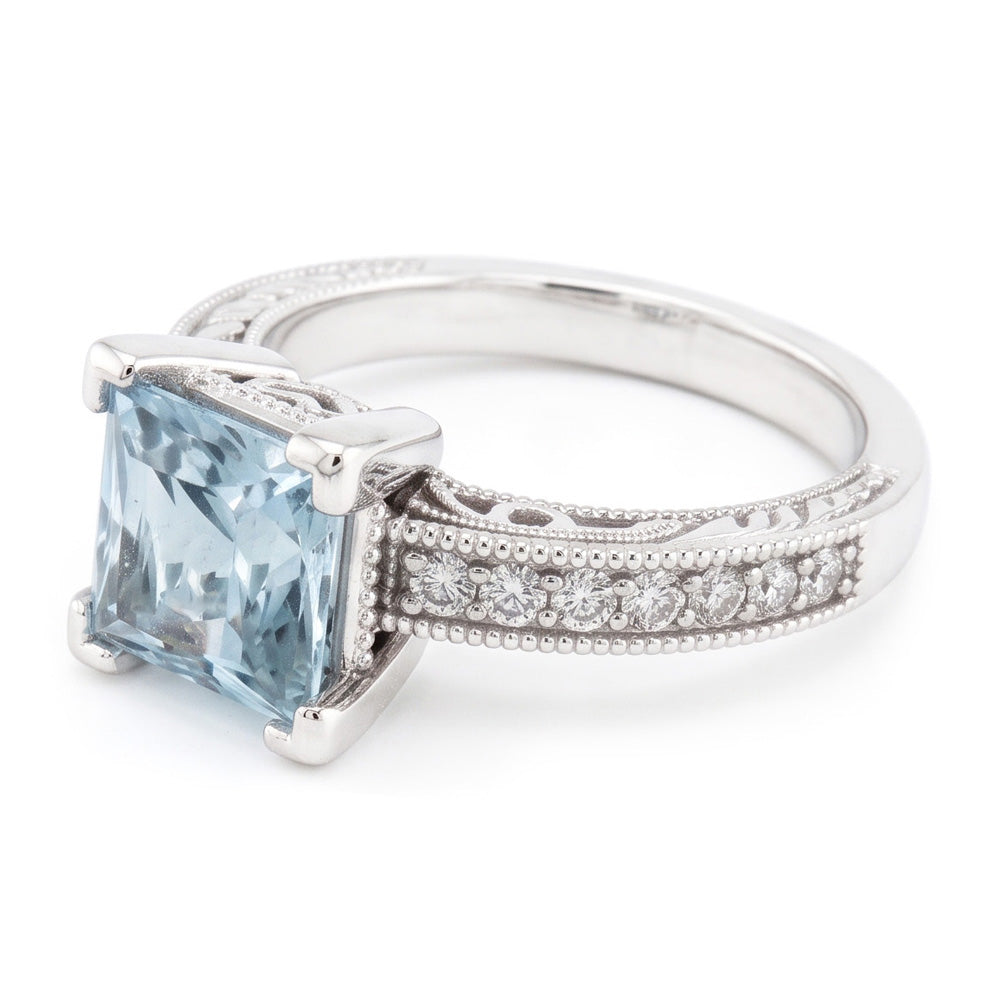 Princess Cut Aquamarine With Round Natural Earth Mined Diamond ( Not Lab Grown )s 16 Ct Ring White Gold