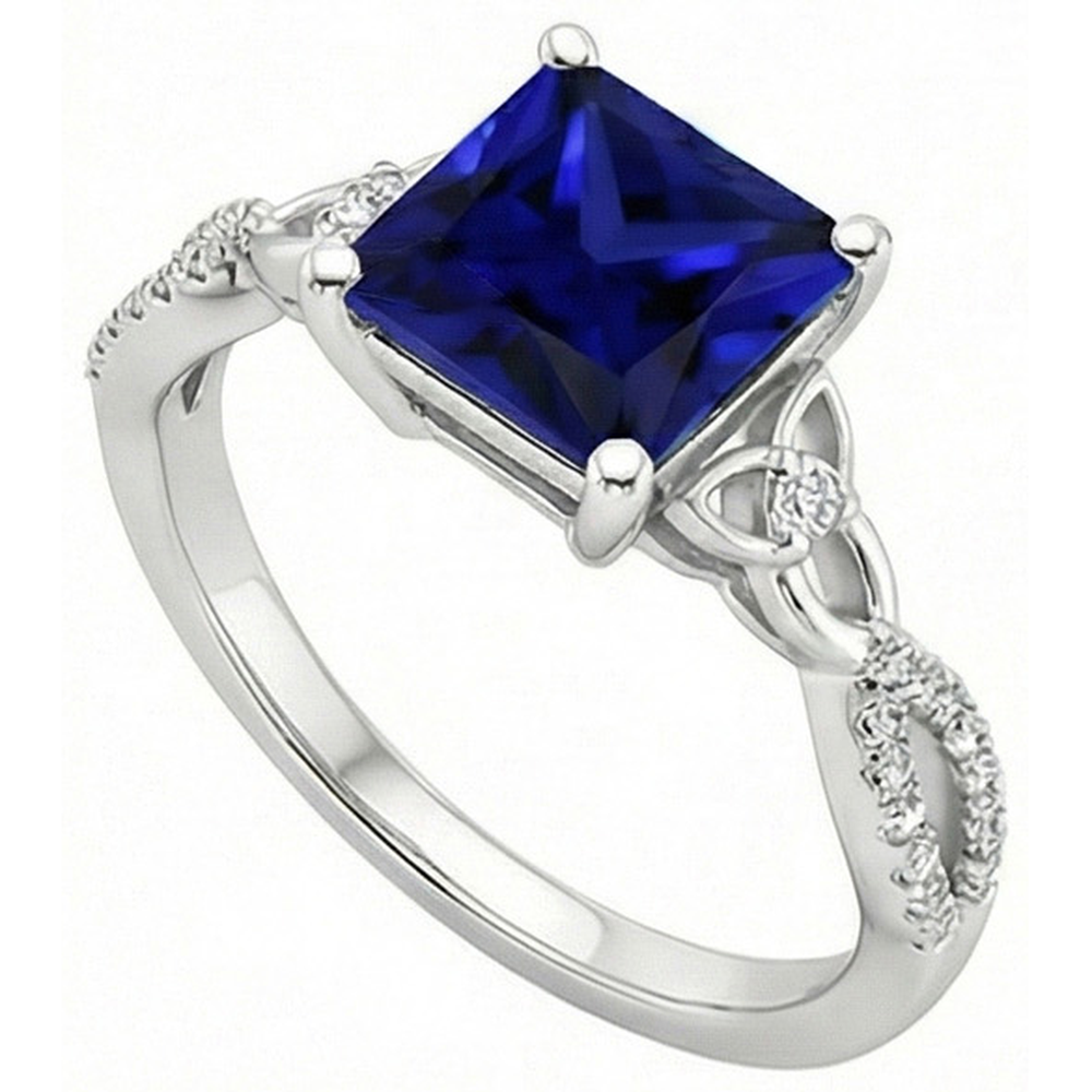Princess Cut Blue Sapphire Natural Earth Mined Diamond ( Not Lab Grown ) Ring Gold Twisted Shank 4 Carats