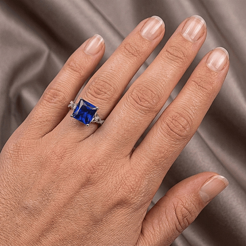 Princess Cut Blue Sapphire Natural Earth Mined Diamond ( Not Lab Grown ) Ring Gold Twisted Shank 4 Carats
