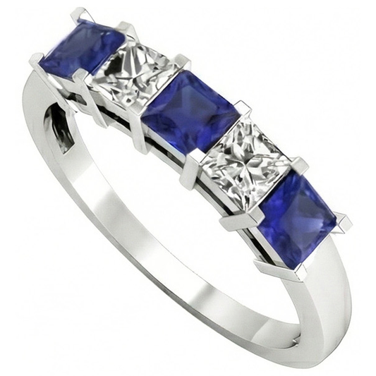 Princess Cut Ceylon Sapphire Natural Earth Mined Diamond ( Not Lab Grown ) s 5 Stone Ring 1.75 Ct
