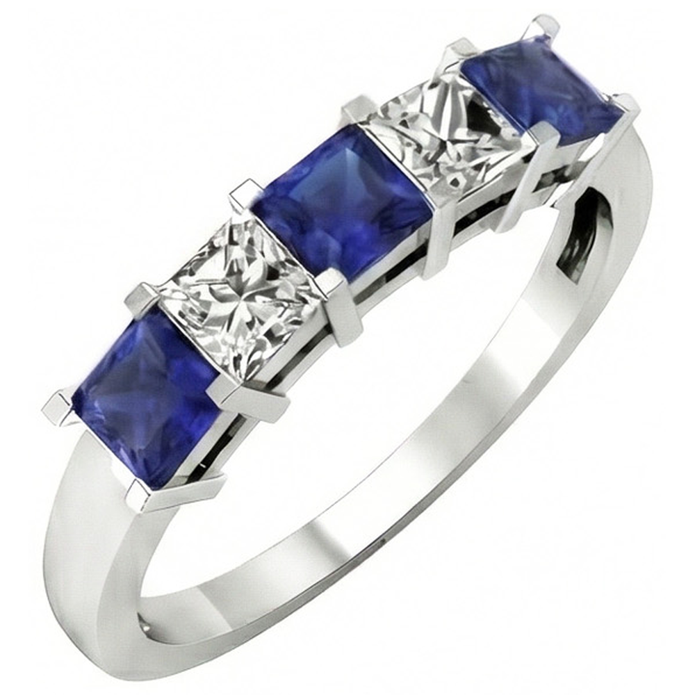 Princess Cut Ceylon Sapphire Natural Earth Mined Diamond ( Not Lab Grown ) s 5 Stone Ring 1.75 Ct