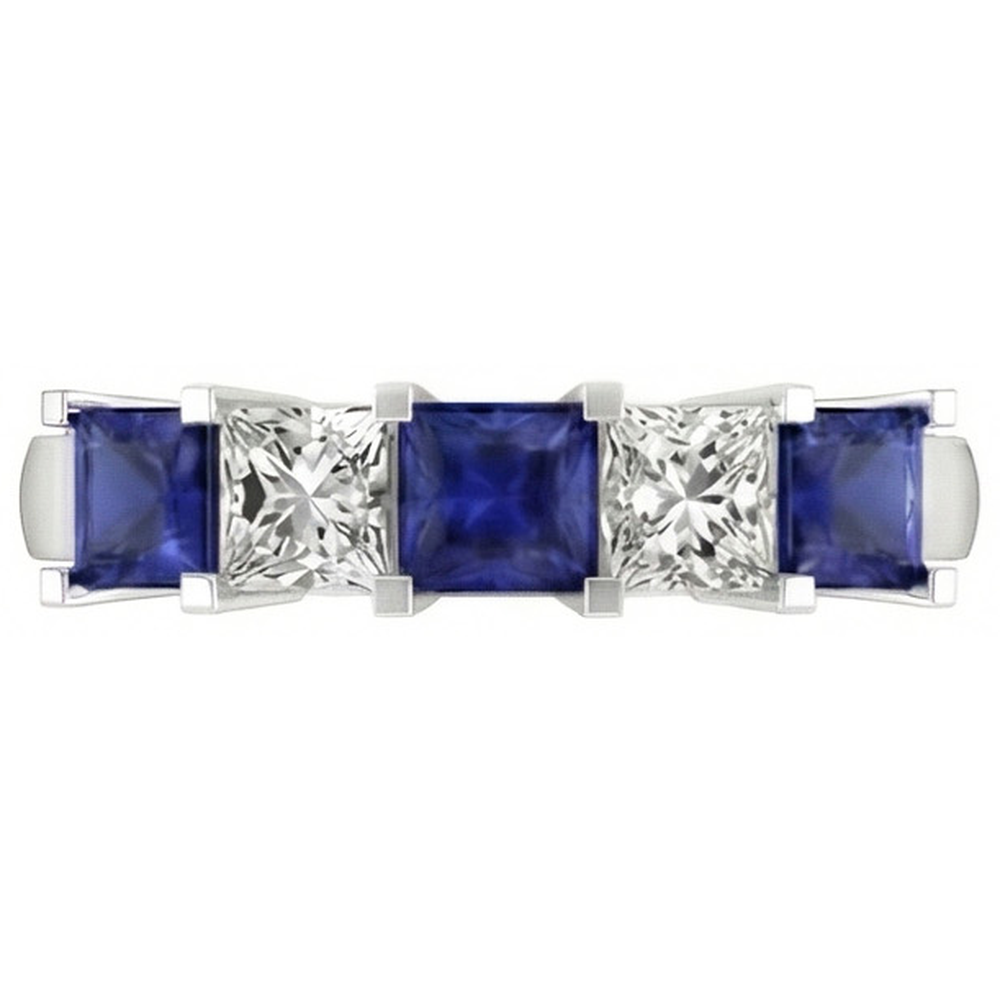 Princess Cut Ceylon Sapphire Natural Earth Mined Diamond ( Not Lab Grown ) s 5 Stone Ring 1.75 Ct