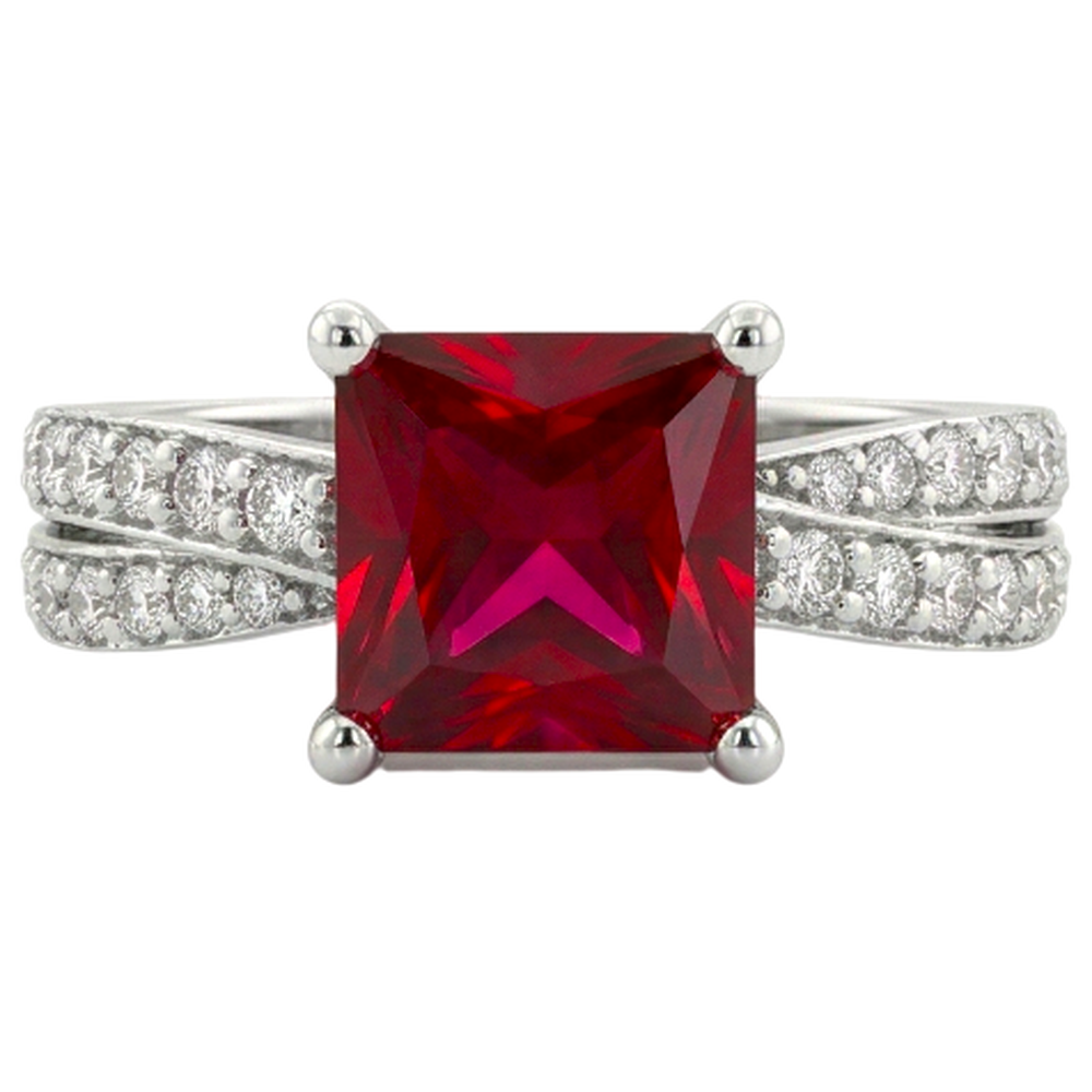 Princess Cut Red Ruby With Natural Earth Mined Diamond ( Not Lab Grown ) s 4.10 Ct. Ring White Gold 14K