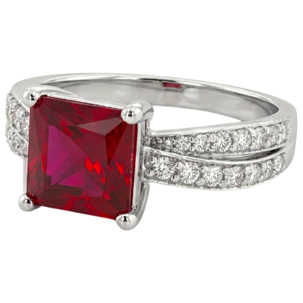 Princess Cut Red Ruby With Natural Earth Mined Diamond ( Not Lab Grown ) s 4.10 Ct. Ring White Gold 14K