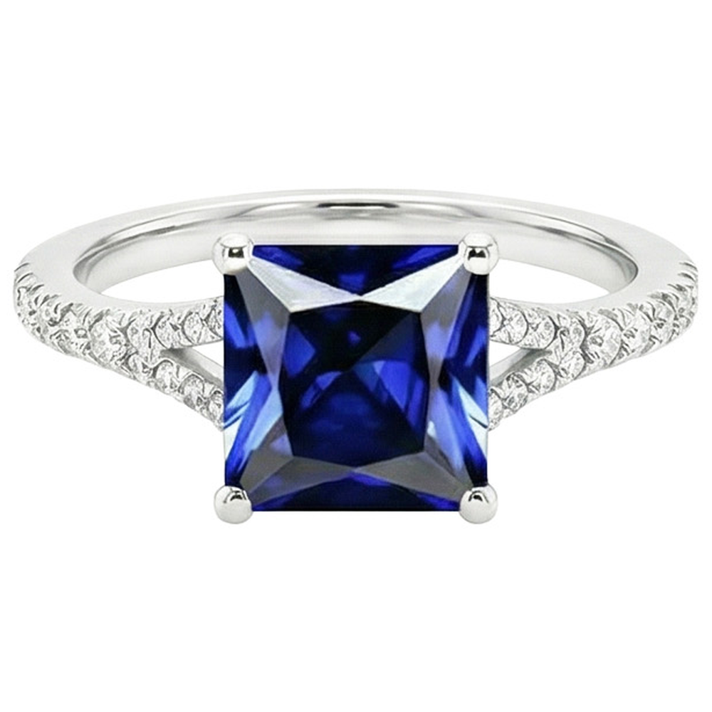Princess Cut Solitaire Gemstone Ring With Pave Natural Earth Mined Diamond ( Not Lab Grown ) Accents 6 Carat