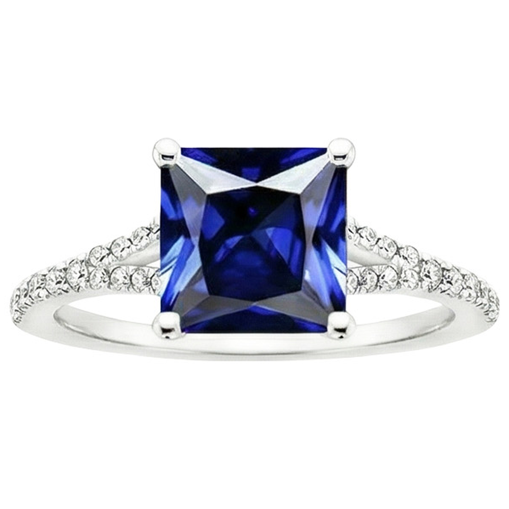 Princess Cut Solitaire Gemstone Ring With Pave Natural Earth Mined Diamond ( Not Lab Grown ) Accents 6 Carat