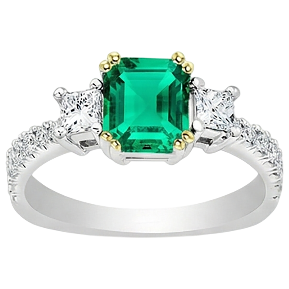 Fine Emerald Step Cut Gemstone Ring in 14 Karat Two Tone Gold – front view