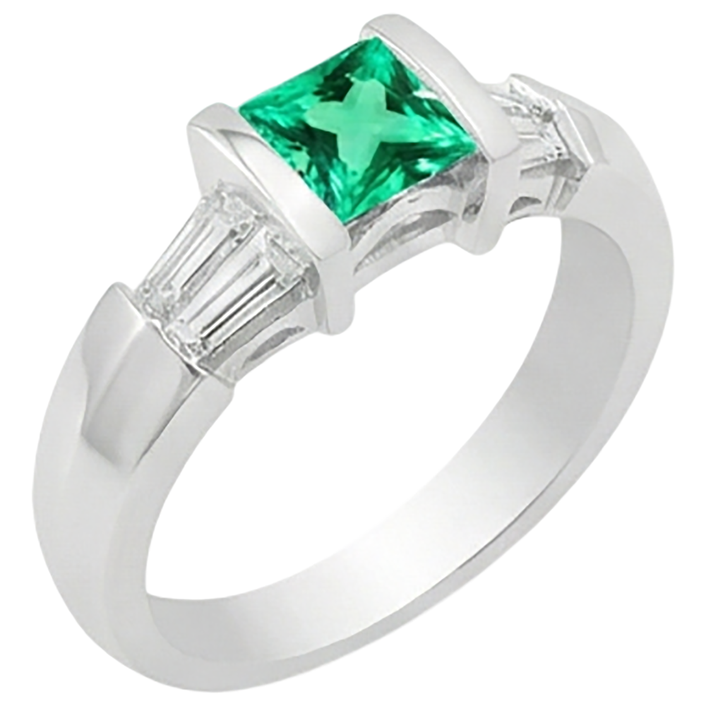 Princess Cut Fine Emerald ring in 14 Karat White Gold – side view