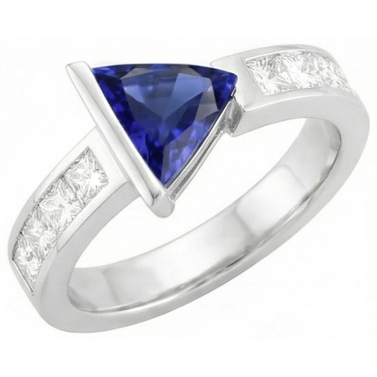 Princess Natural Earth Mined Diamond ( Not Lab Grown ) Trillion Sapphire Ring 1.25 Carats Channel Set