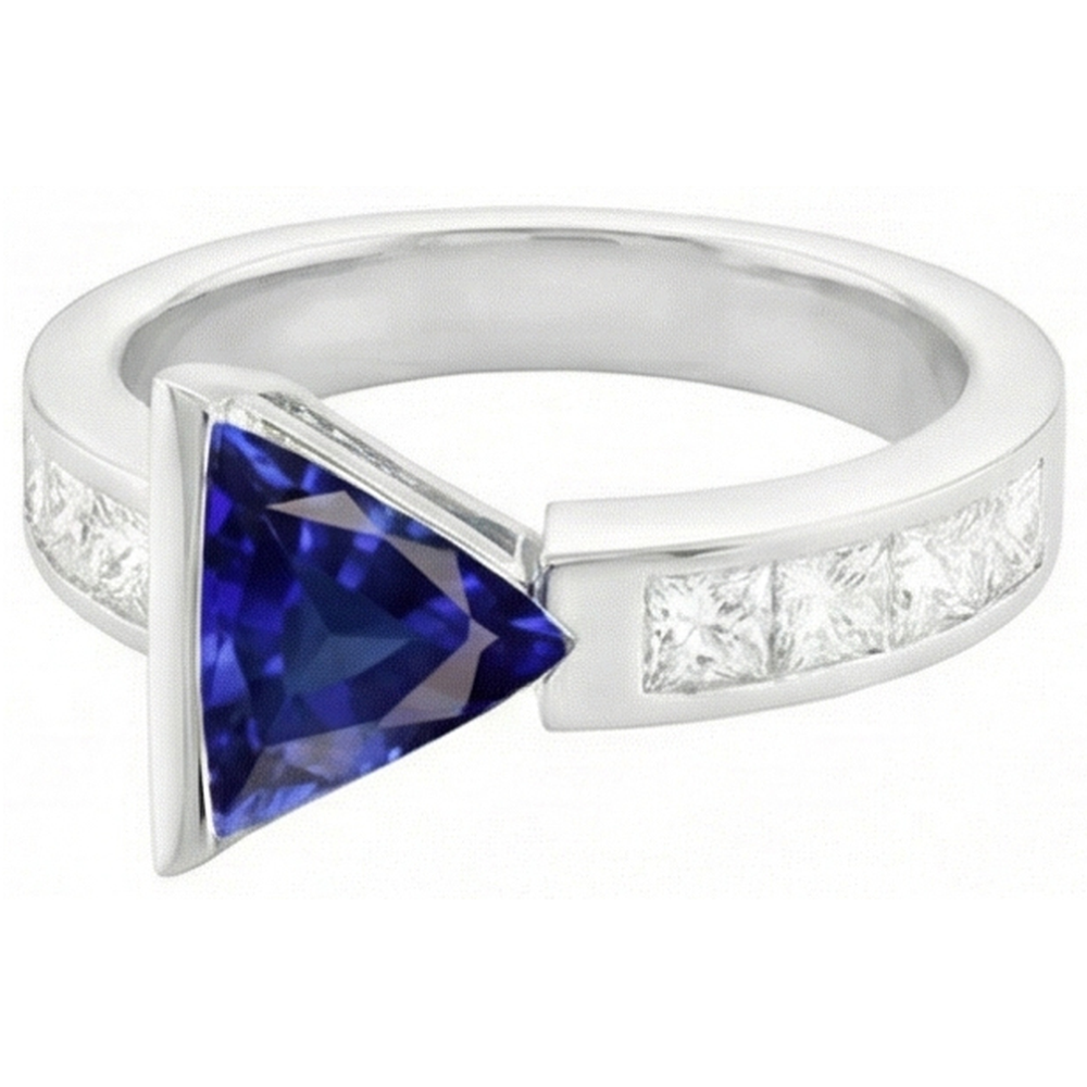 Princess Natural Earth Mined Diamond ( Not Lab Grown ) Trillion Sapphire Ring 1.25 Carats Channel Set