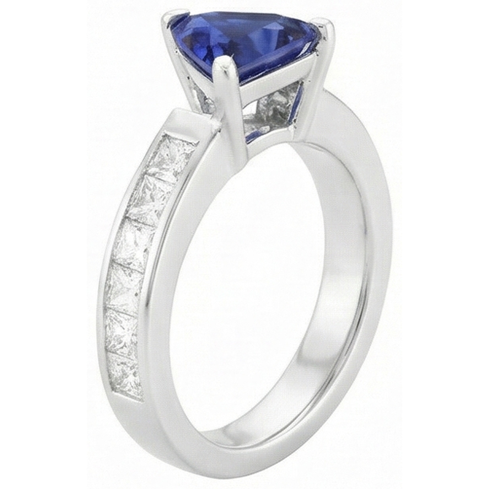 Princess Natural Earth Mined Diamond ( Not Lab Grown ) Trillion Sapphire Ring 1.25 Carats Channel Set
