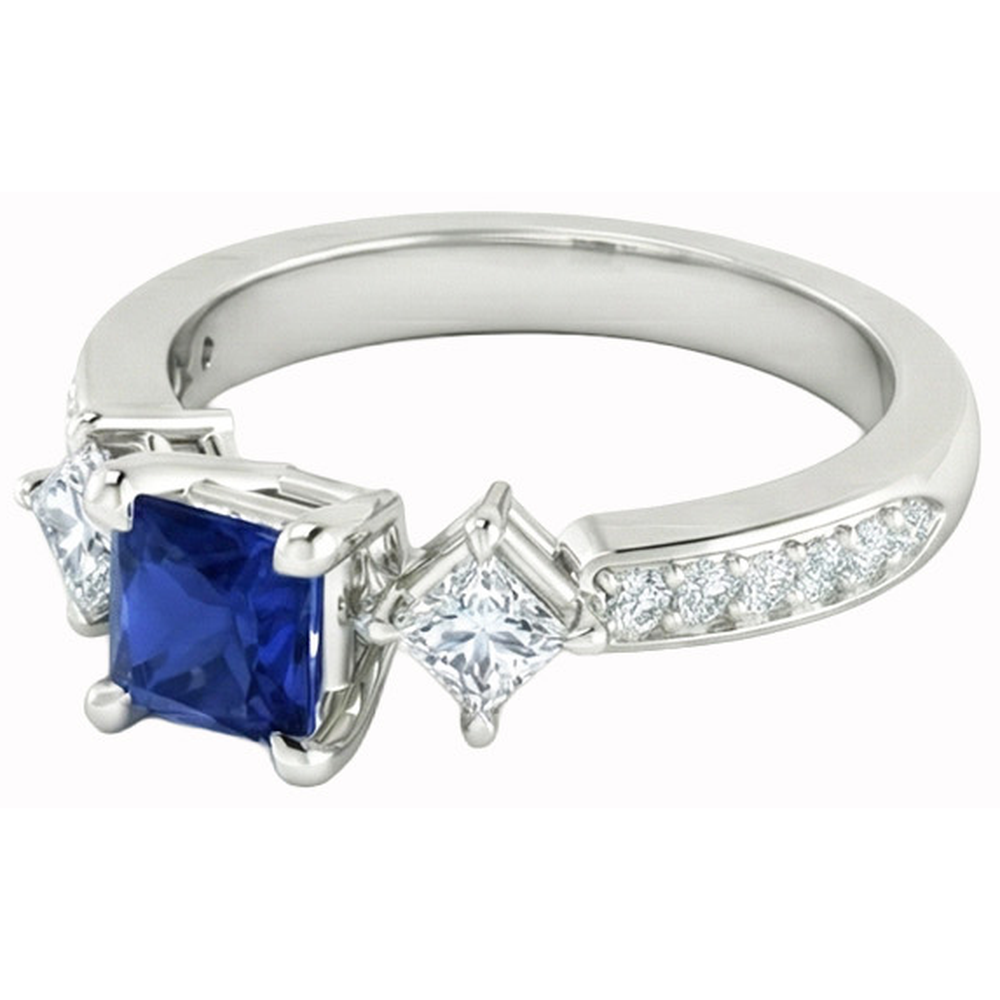 Princess Round Natural Earth Mined Diamond ( Not Lab Grown )  Ceylon Sapphire Ring 2.50 Carats White Gold 14K