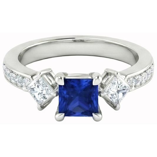 Princess Round Natural Earth Mined Diamond ( Not Lab Grown )  Ceylon Sapphire Ring 2.50 Carats White Gold 14K