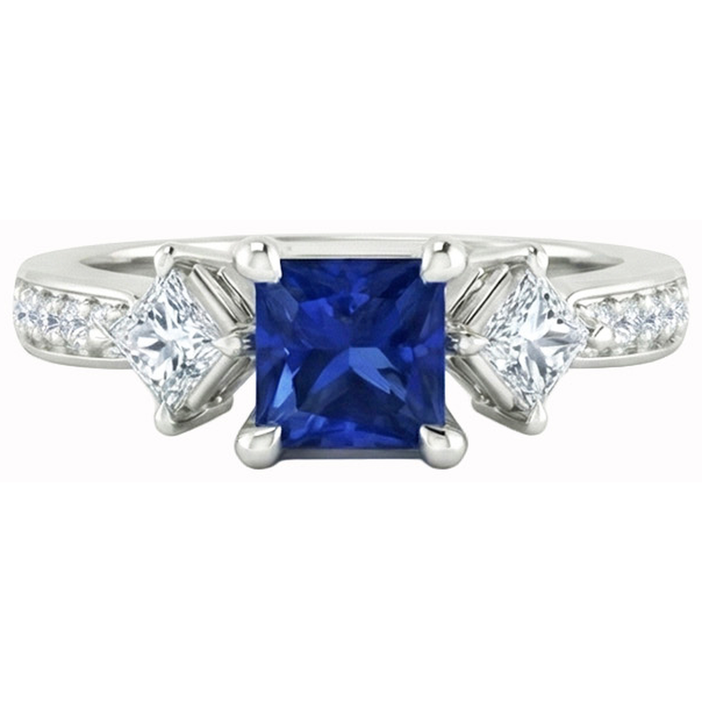 Princess Round Natural Earth Mined Diamond ( Not Lab Grown )  Ceylon Sapphire Ring 2.50 Carats White Gold 14K