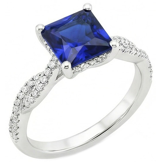 Princess Solitaire Accents Ring Ceylon Sapphire & Natural Earth Mined Diamond ( Not Lab Grown )s 6 Carats