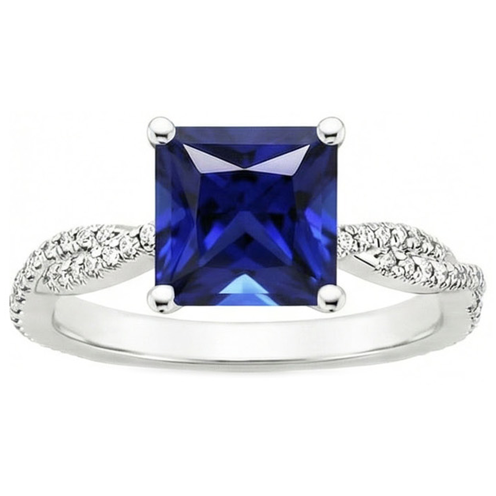 Princess Solitaire Accents Ring Ceylon Sapphire & Natural Earth Mined Diamond ( Not Lab Grown )s 6 Carats