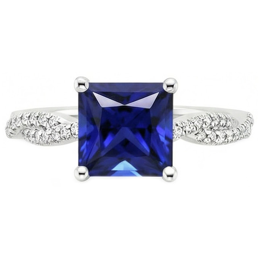 Princess Solitaire Accents Ring Ceylon Sapphire & Natural Earth Mined Diamond ( Not Lab Grown )s 6 Carats
