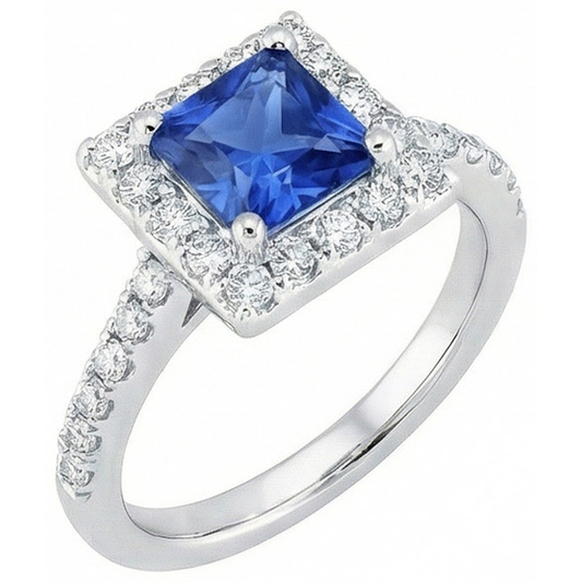 Princess Sri Lankan Sapphire Natural Earth Mined Diamond ( Not Lab Grown )  Ring 2.25 Carat White Gold 14K
