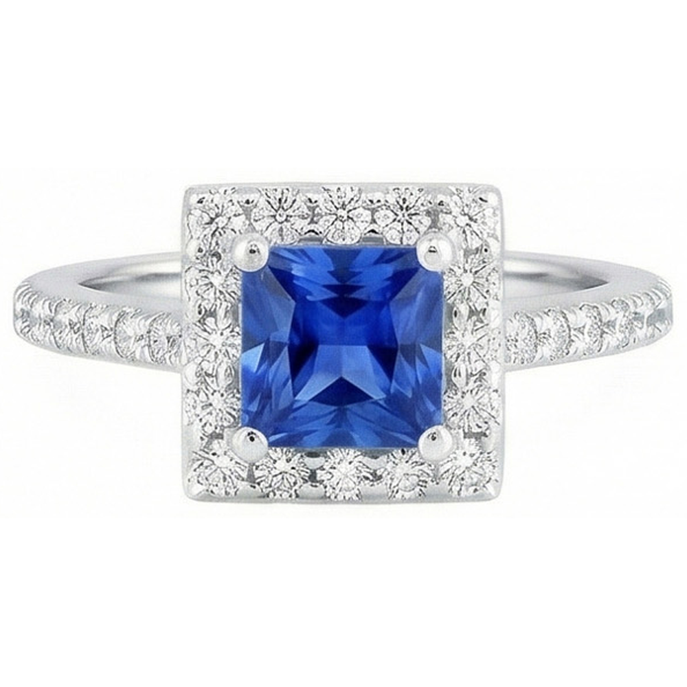 Princess Sri Lankan Sapphire Natural Earth Mined Diamond ( Not Lab Grown )  Ring 2.25 Carat White Gold 14K