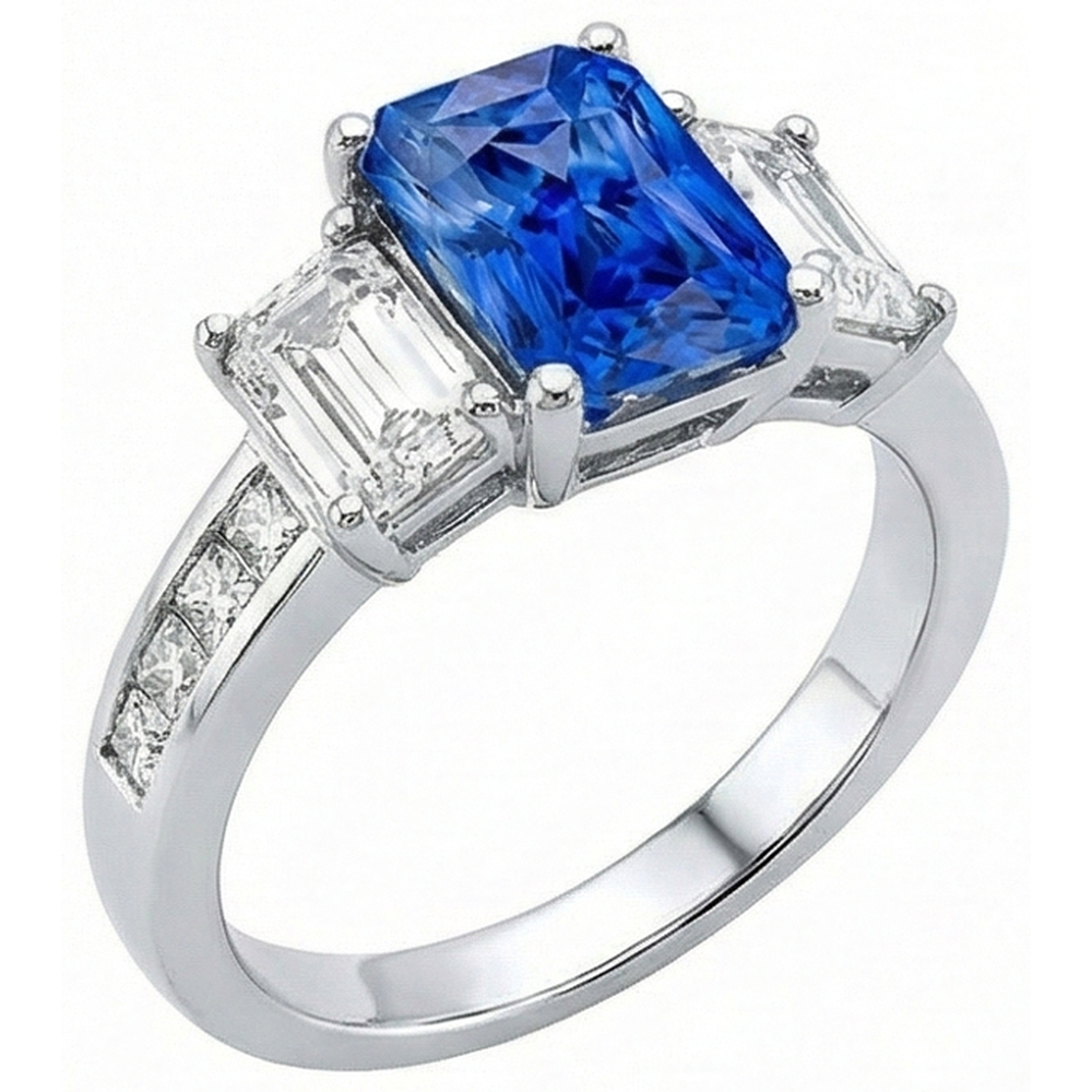 Princess & Emerald Natural Earth Mined Diamond ( Not Lab Grown ) Radiant Sapphire Ring 4 Carats Channel Set