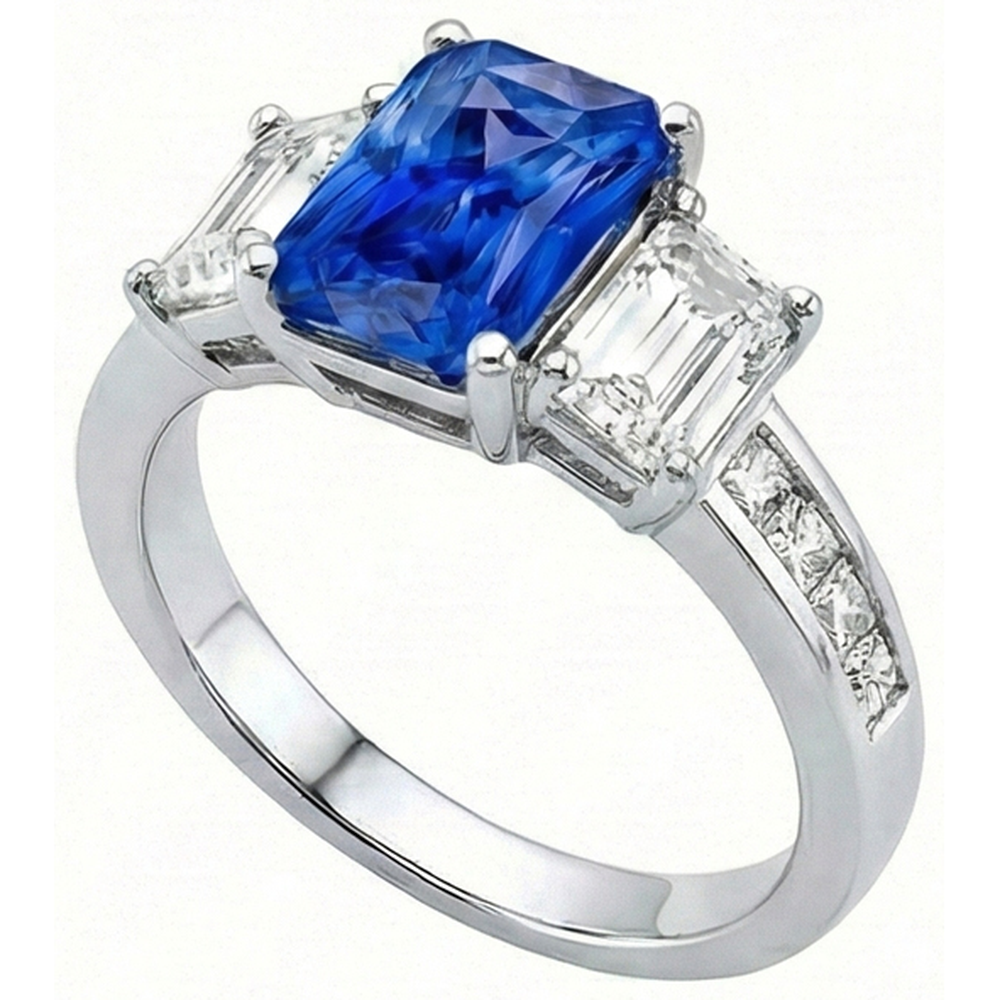 Princess & Emerald Natural Earth Mined Diamond ( Not Lab Grown ) Radiant Sapphire Ring 4 Carats Channel Set