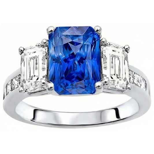 Princess & Emerald Natural Earth Mined Diamond ( Not Lab Grown ) Radiant Sapphire Ring 4 Carats Channel Set