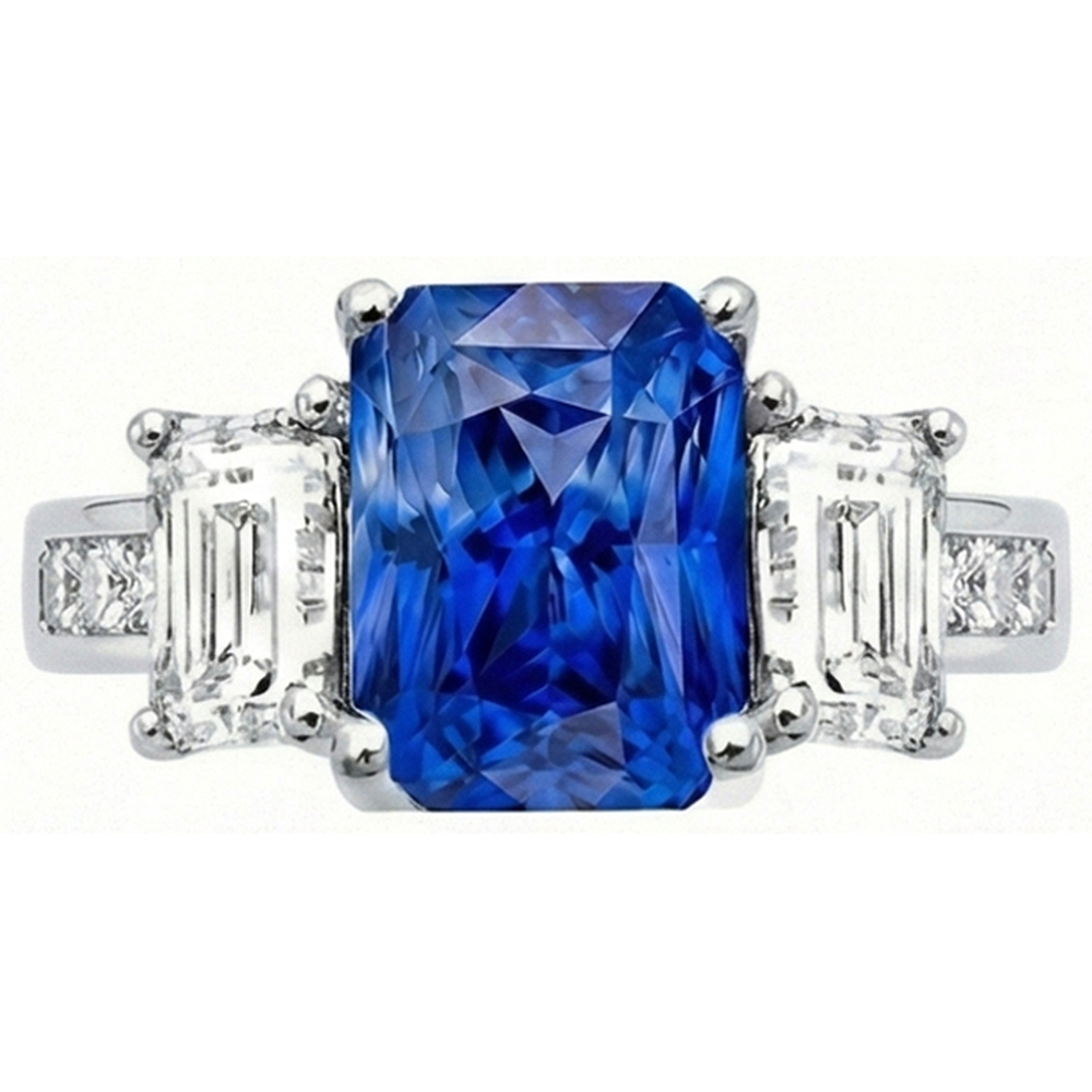 Princess & Emerald Natural Earth Mined Diamond ( Not Lab Grown ) Radiant Sapphire Ring 4 Carats Channel Set