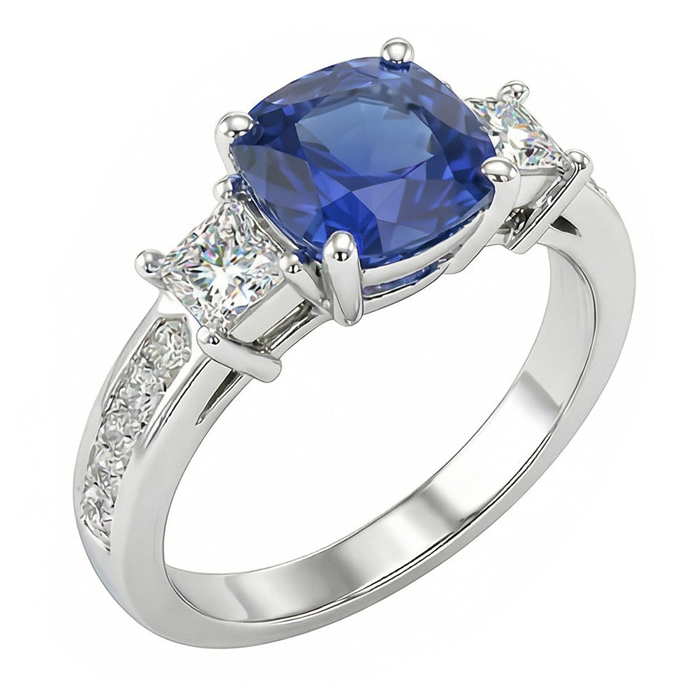 Princess & Round Natural Earth Mined Diamond ( Not Lab Grown ) Ring Cushion Ceylon Sapphire 3 Carats Gold
