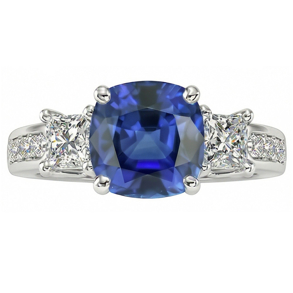 Princess & Round Natural Earth Mined Diamond ( Not Lab Grown ) Ring Cushion Ceylon Sapphire 3 Carats Gold