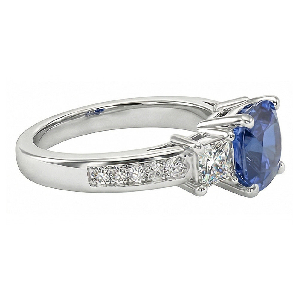 Princess & Round Natural Earth Mined Diamond ( Not Lab Grown ) Ring Cushion Ceylon Sapphire 3 Carats Gold