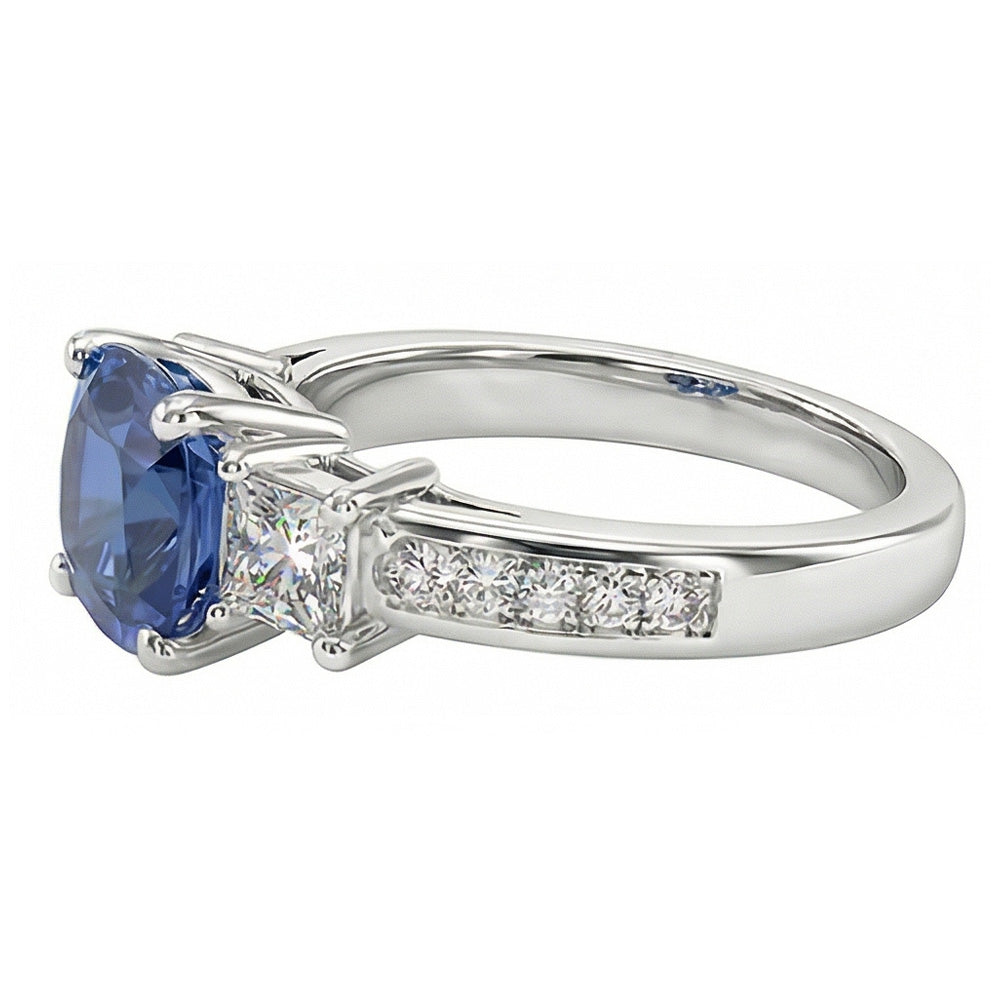 Princess & Round Natural Earth Mined Diamond ( Not Lab Grown ) Ring Cushion Ceylon Sapphire 3 Carats Gold