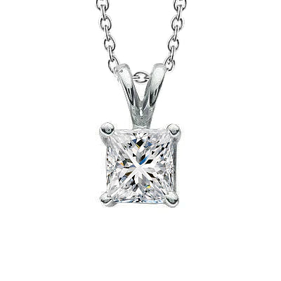 Princess 2 Carats Solitaire Prong Set Real Diamond Pendant White Gold 14K