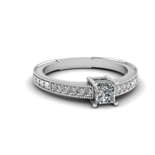 Princess And Round Cut Real 2.25 Ct Diamonds Antique Look Ring White Gold - Solitaire Ring with Accents-harrychadent.ca