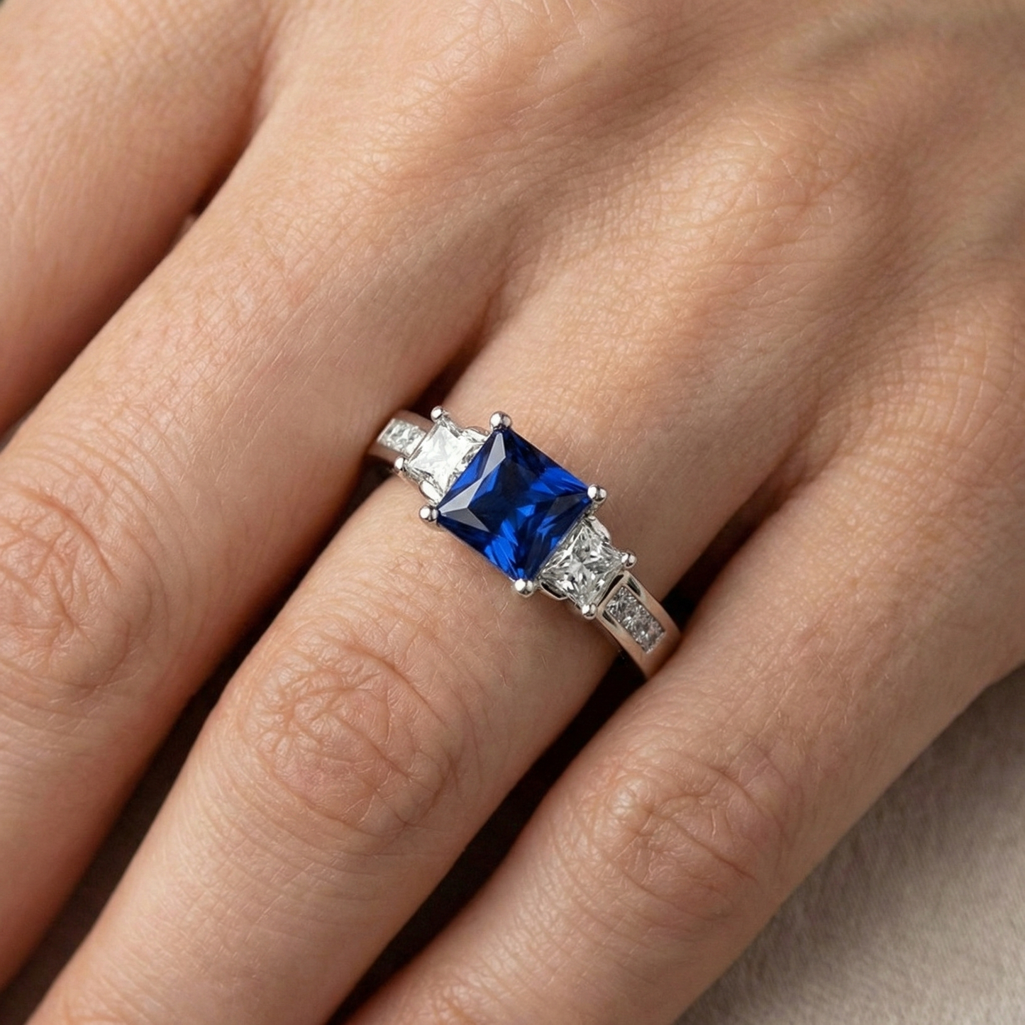 Princess Cut 2.85 Ct Sapphire And Natural Earth Mined Diamond ( Not Lab Grown )s Wedding Ring White Gold 14K