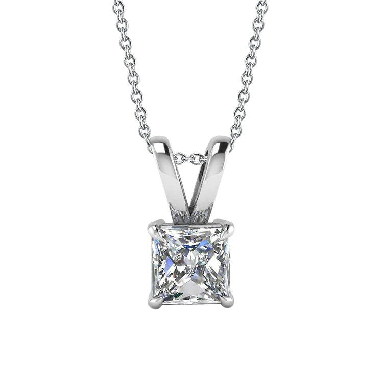 Princess Cut 2 Carats Natural Diamond Necklace Pendant 14K White Gold