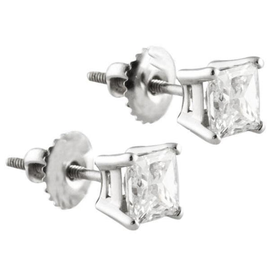 Princess Cut 4 Ct. Genuine Diamonds Studs Earrings Gold White