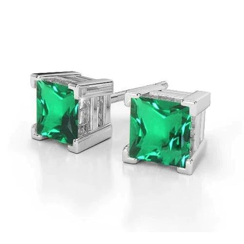 Princess Cut 7 Carats Green Emerald Lady Studs Earrings White Gold 14K