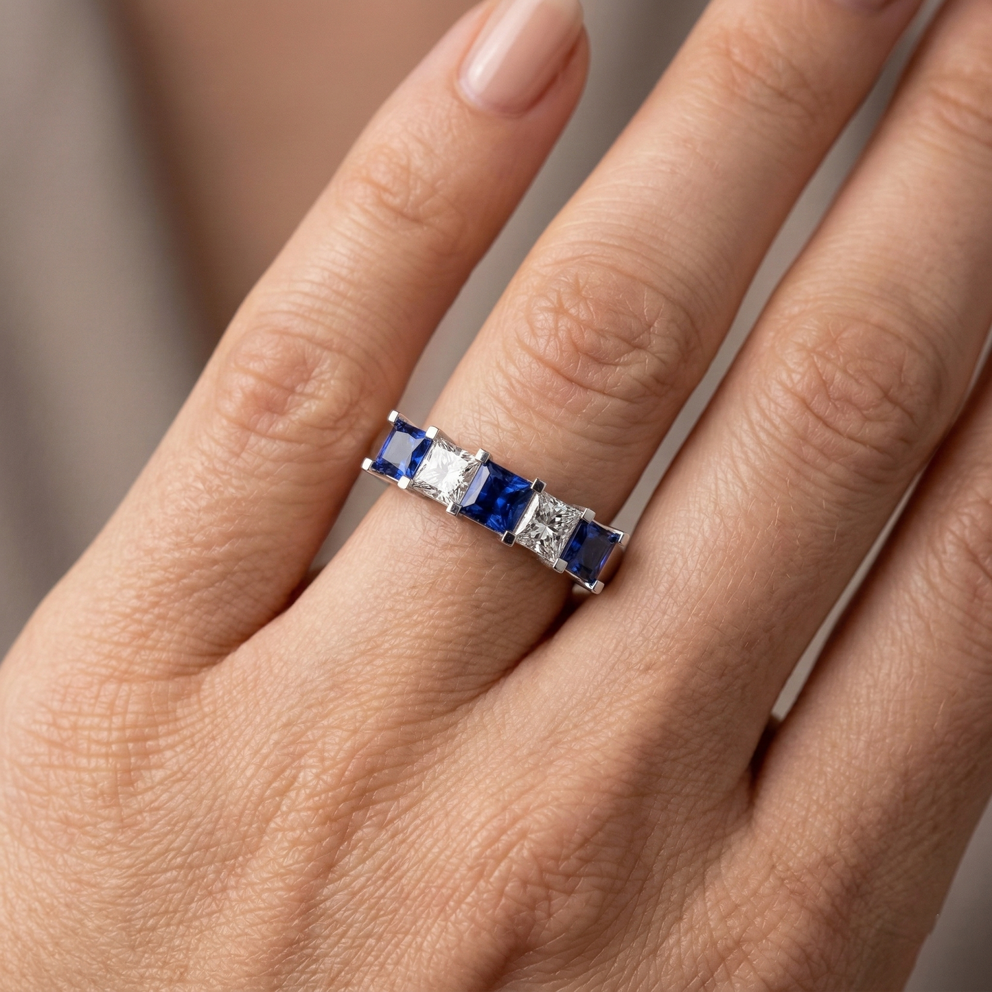 Princess Cut Ceylon Sapphire Natural Earth Mined Diamond ( Not Lab Grown ) s 5 Stone Ring 1.75 Ct