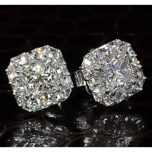 Princess Cut Genuine Diamond Halo Style Stud Earring 4 Carats White Gold 