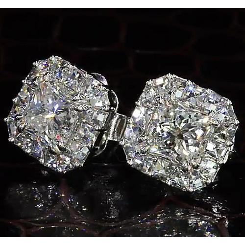 Princess Cut Genuine Diamond Halo Style Stud Earring 4 Carats White Gold 14K