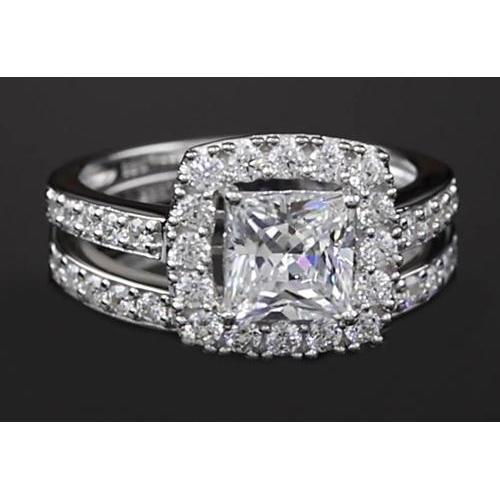 Princess Cut Natural Diamond 3 Carats Halo Ring Split Shank Style