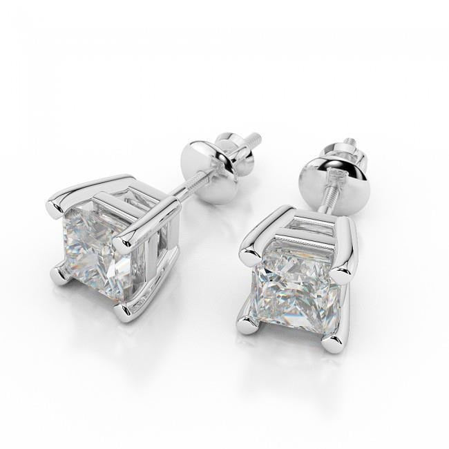 Princess Cut Prong Set Real 4 Ct Diamonds Studs Earrings 14K Gold New