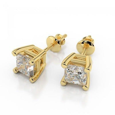 Princess Cut Real 3.50 Carats Diamonds Studs Earrings 14K Yellow Gold