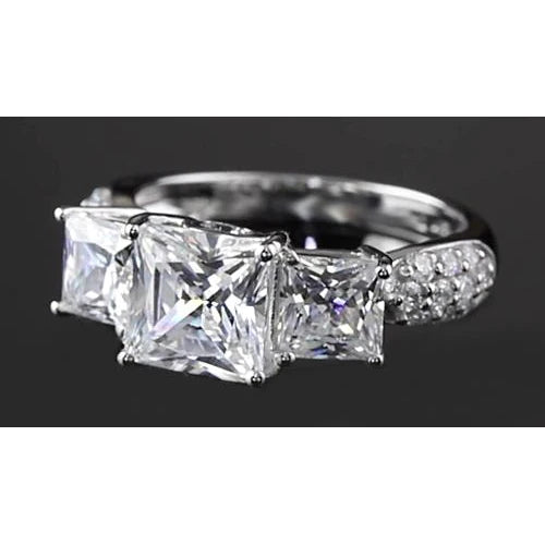 Princess Cut Real Diamond Engagement Ring 5 Carats White Gold 3 Stone