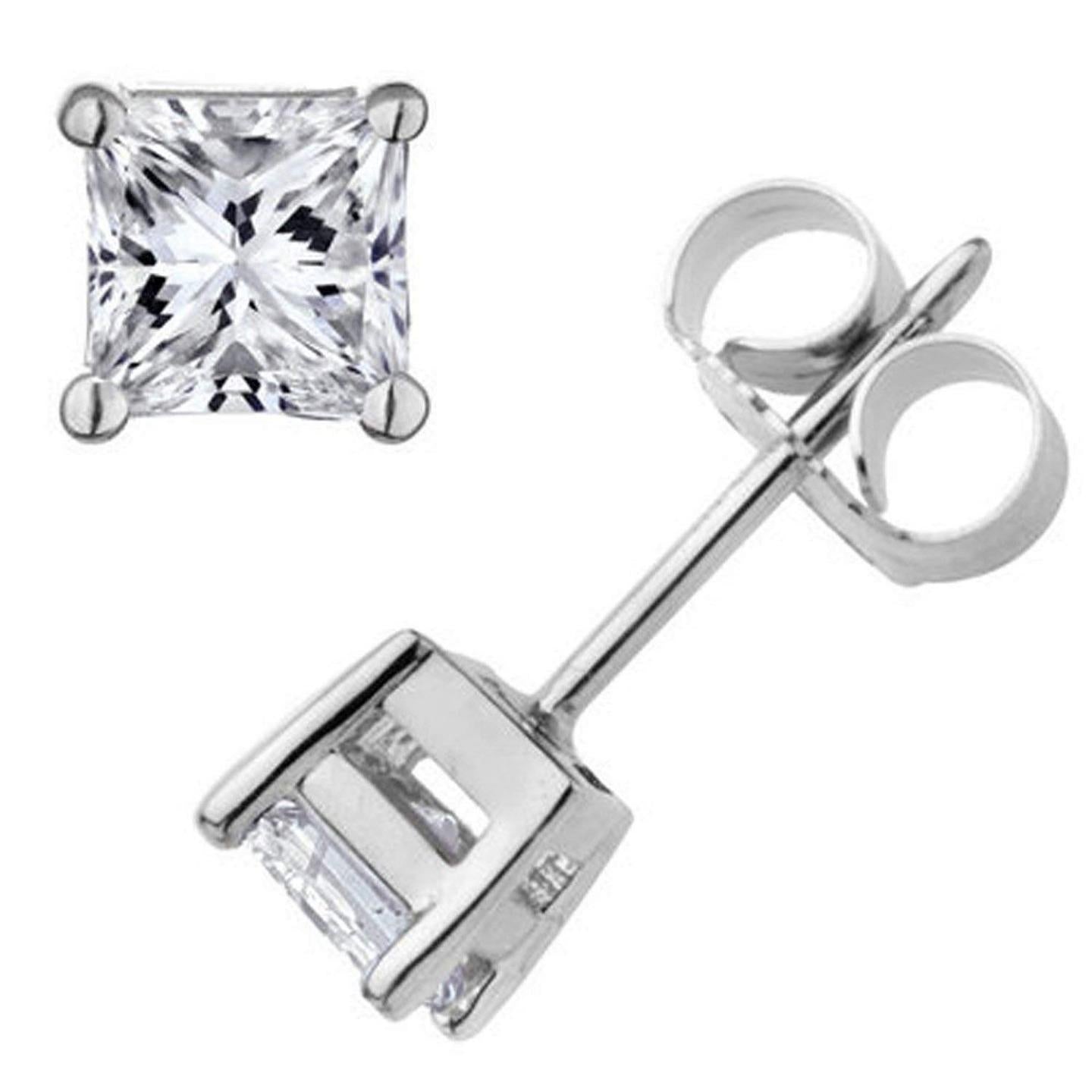 Princess Cut Real Diamond Stud Earring 4 Prong Set 3.0 Carat White Gold 14K