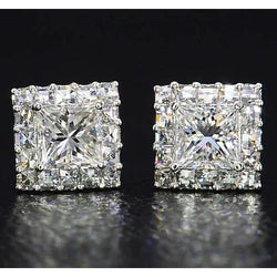 Princess Cut Real Diamond Stud Earrings Jewelry White Gold 14K 2 Carats