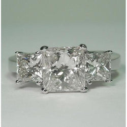 Princess Cut Three Stone Real Diamond Women Ring 3.50 Carats White Gold